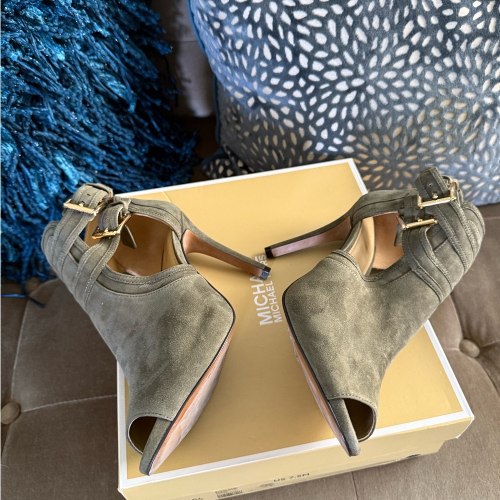 Michael Kors Blaze Open-Toe Suede High-Heel Booties Brown Olive Green Sz. 7.5 - Picture 6 of 7